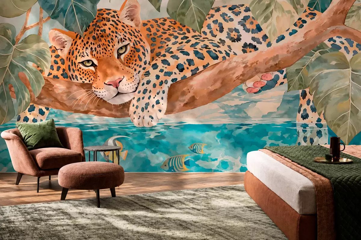 stenske poslikave Leopard na veji nad vodo s pisanimi ribami w05954