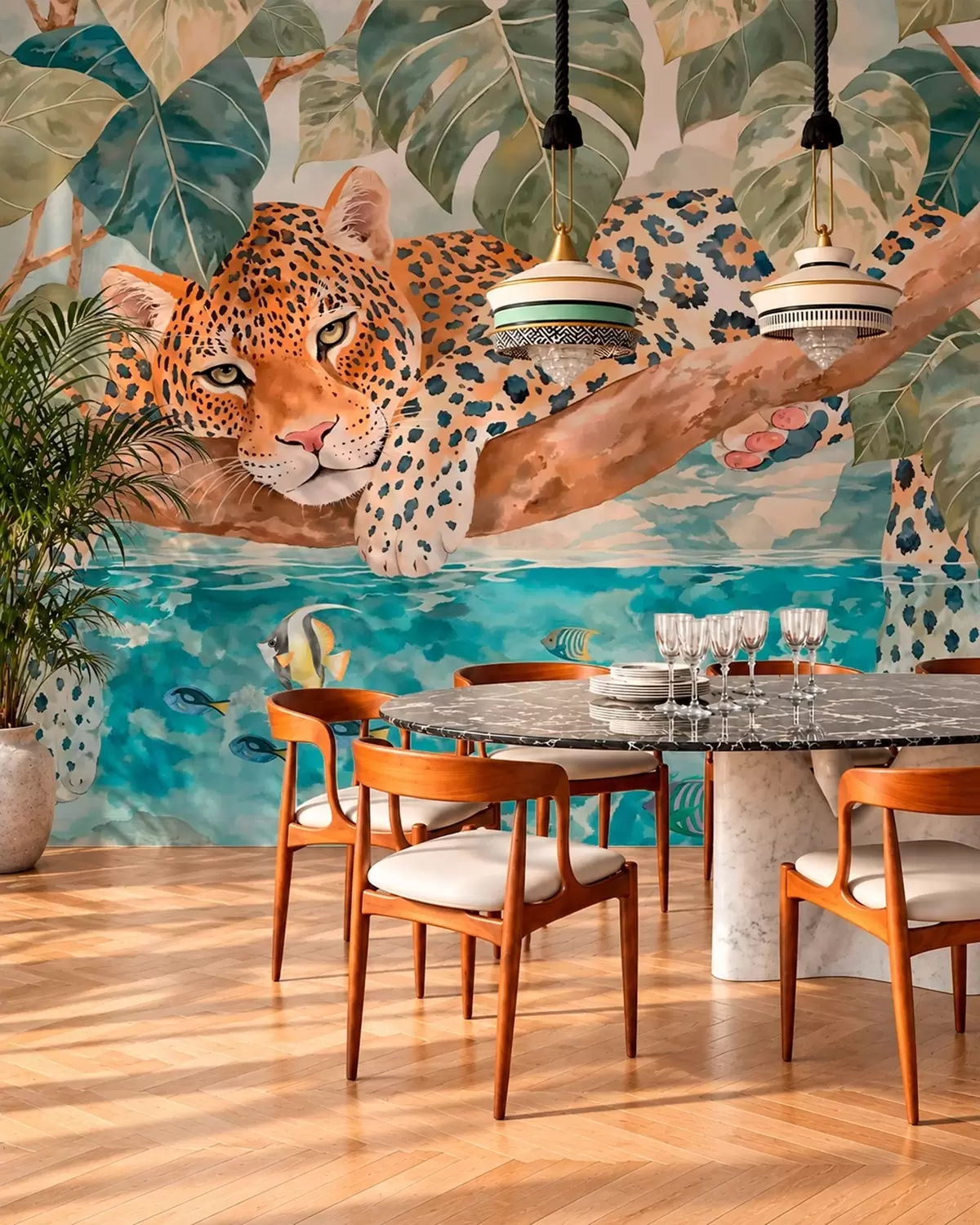 stenske poslikave Leopard na veji nad vodo s pisanimi ribami w05954