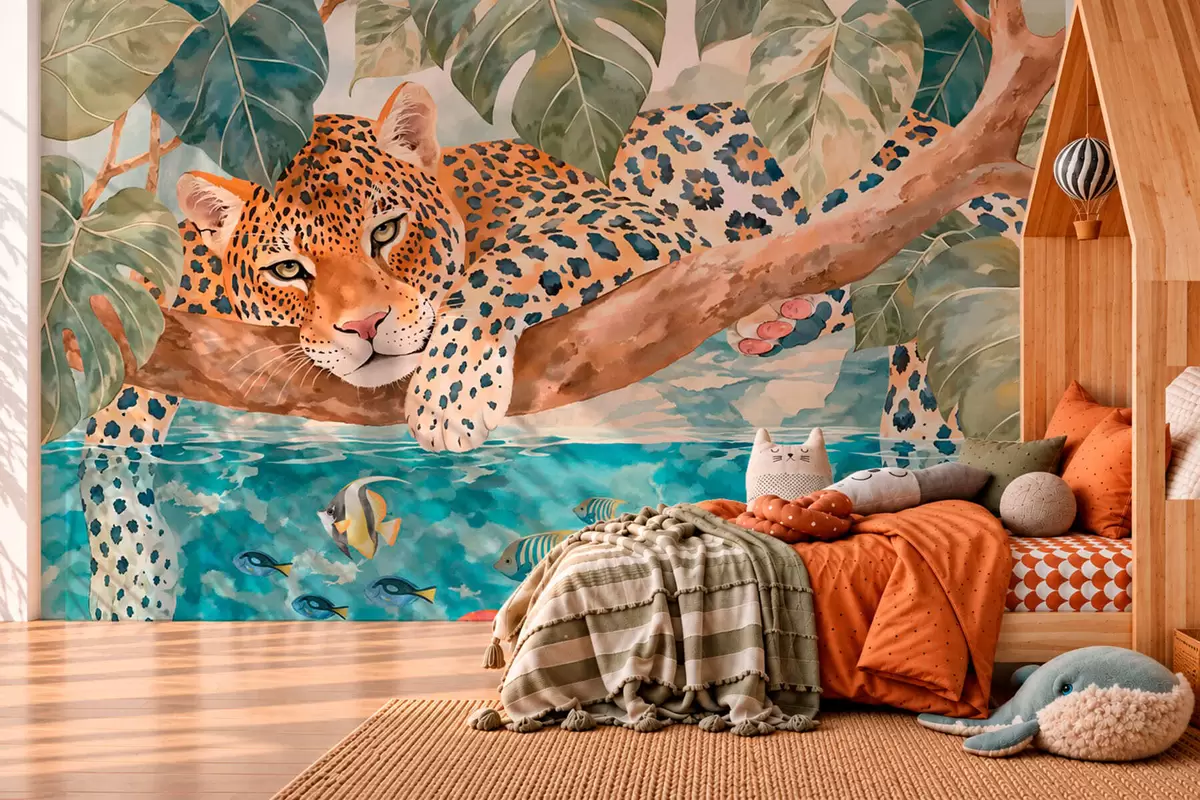 stenske poslikave Leopard na veji nad vodo s pisanimi ribami w05954