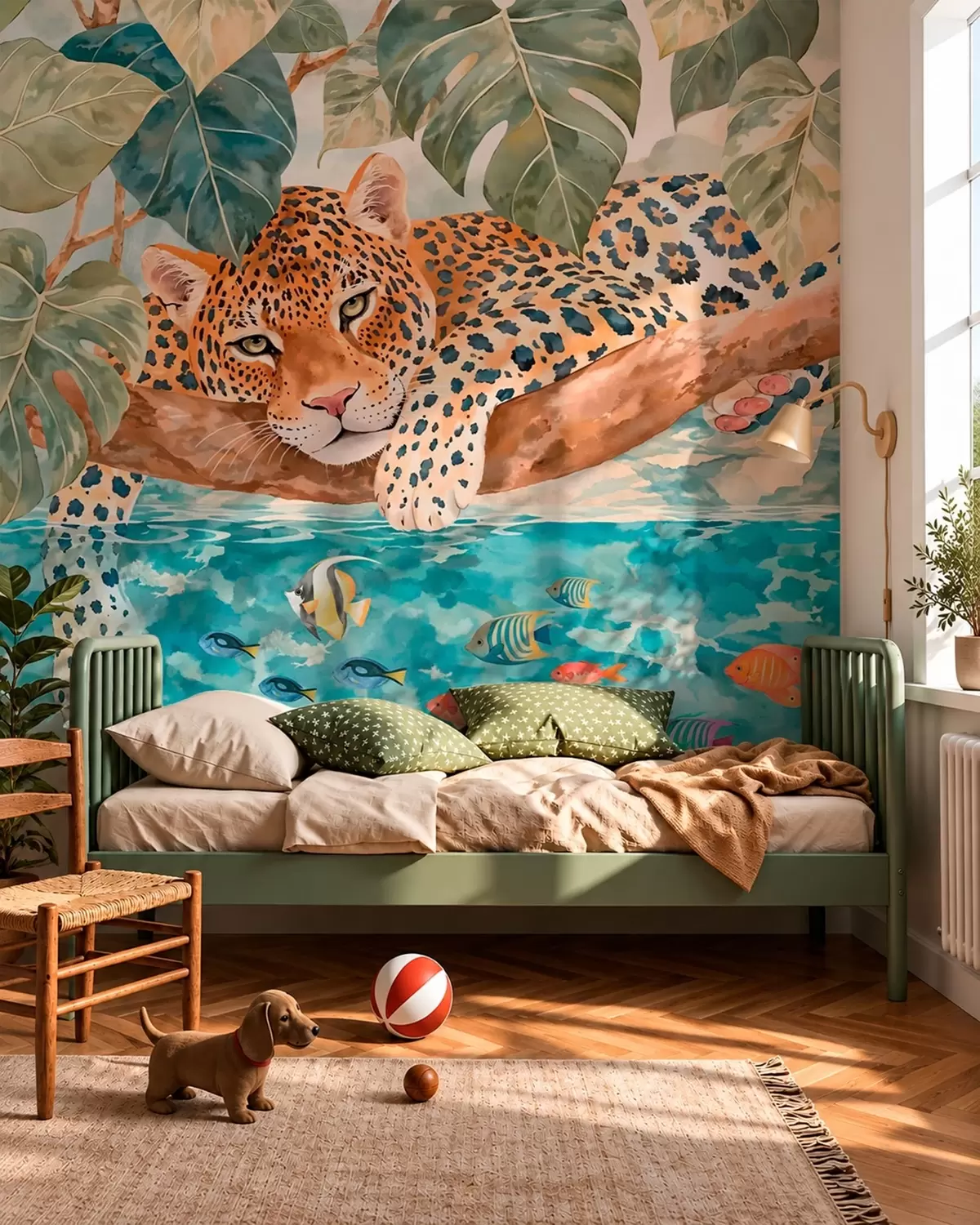 stenske poslikave Leopard na veji nad vodo s pisanimi ribami w05954