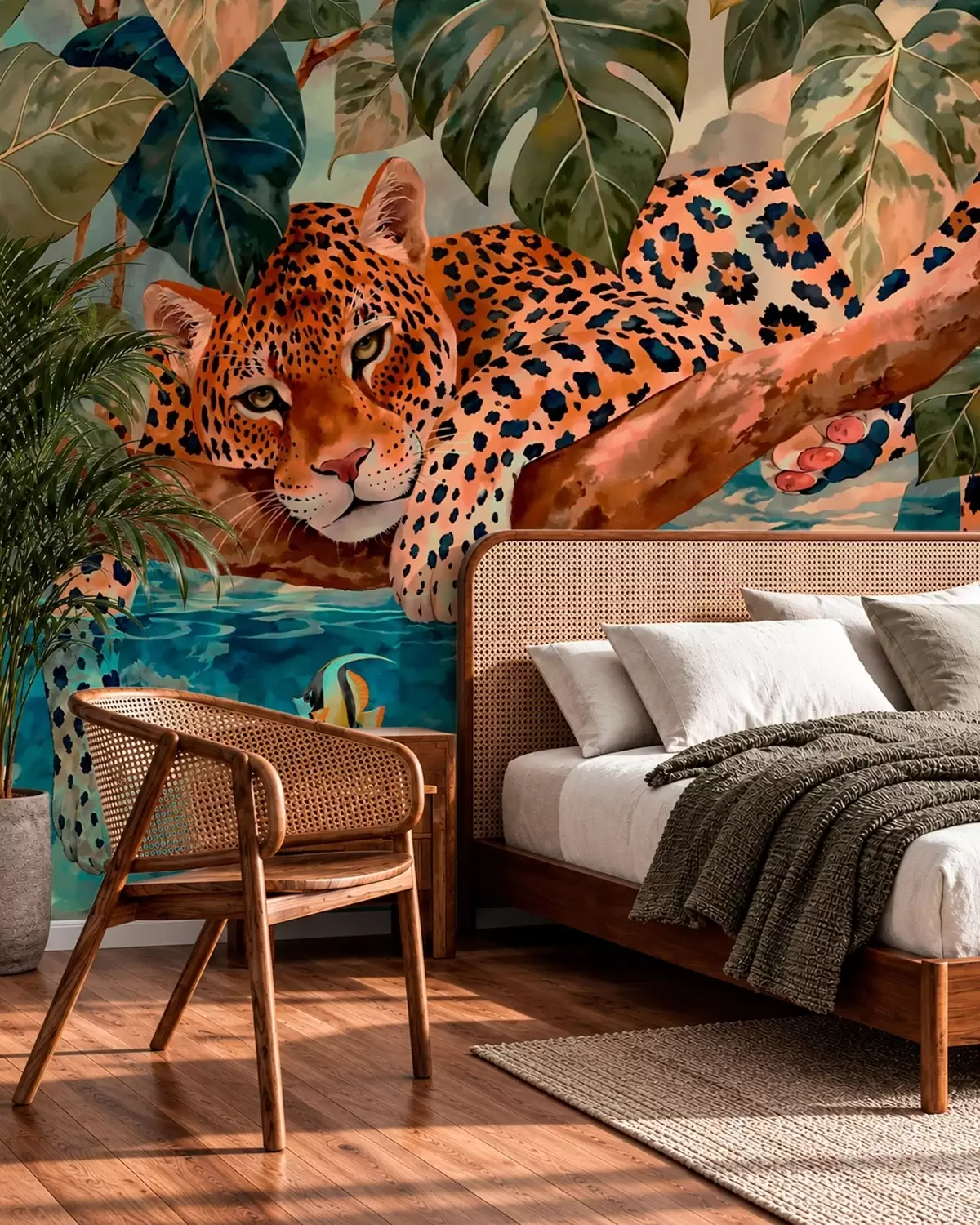 stenske poslikave Leopard med tropskim listjem nad vodo z ribo w05954v1