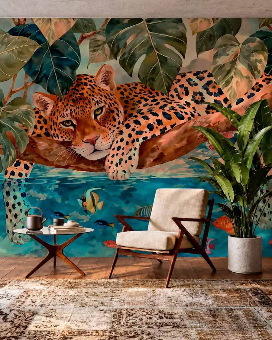 stenske poslikave Leopard med tropskim listjem nad vodo z ribo w05954v1