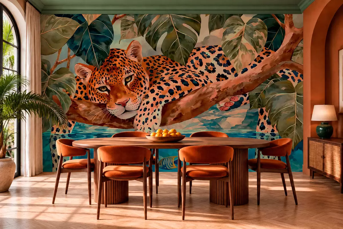 stenske poslikave Leopard med tropskim listjem nad vodo z ribo w05954v1
