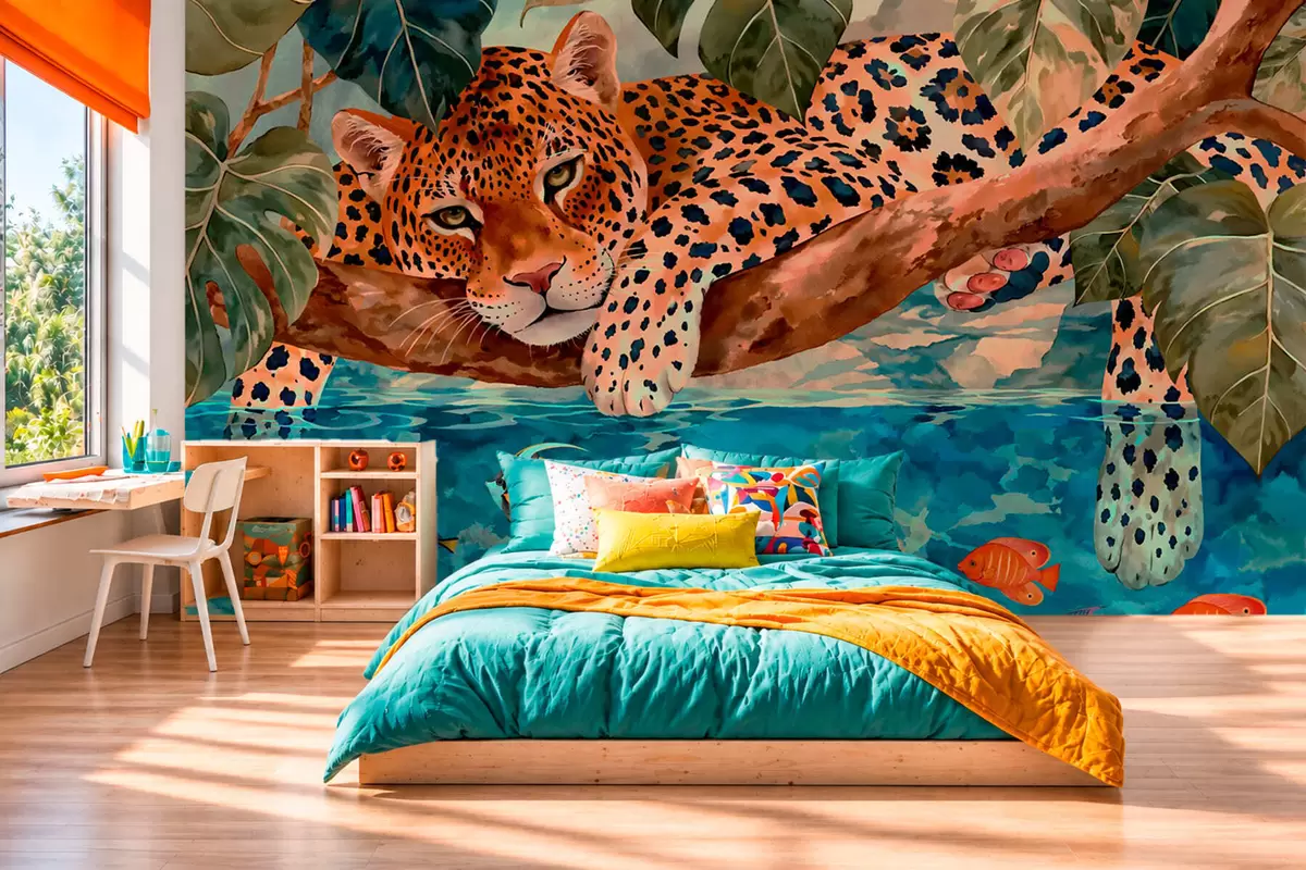 stenske poslikave Leopard med tropskim listjem nad vodo z ribo w05954v1