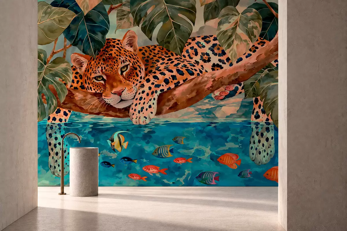 stenske poslikave Leopard med tropskim listjem nad vodo z ribo w05954v1