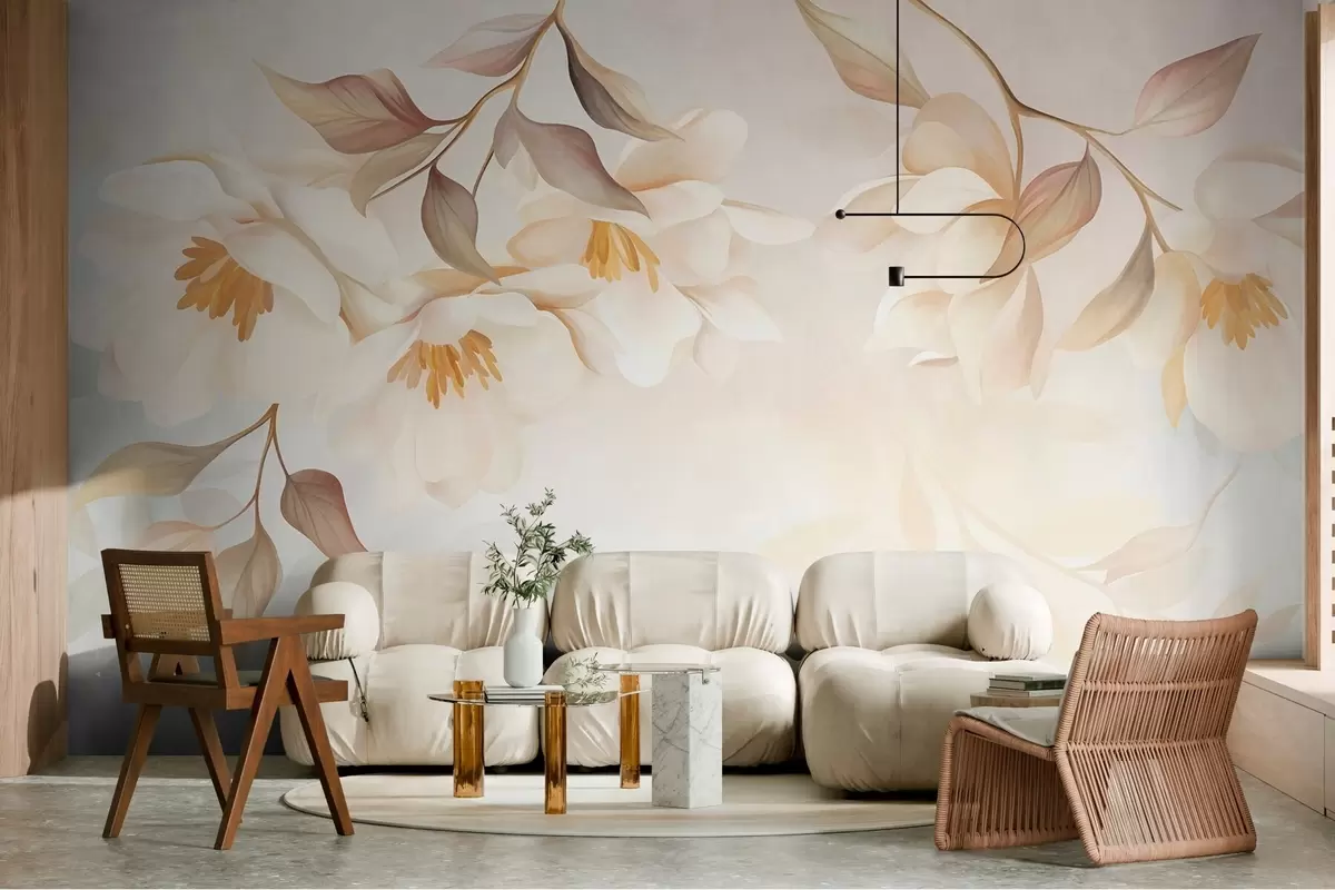 stenske poslikave Cvetovi magnolije z nežnimi rjavimi listi, ki visijo z vej w10086