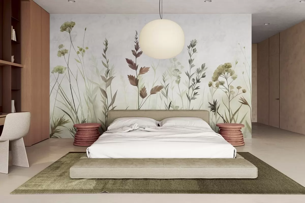 stenske poslikave Visoka divja trava in divje rože v nežnih zelenih odtenkih, minimalistična estetika w10084v1
