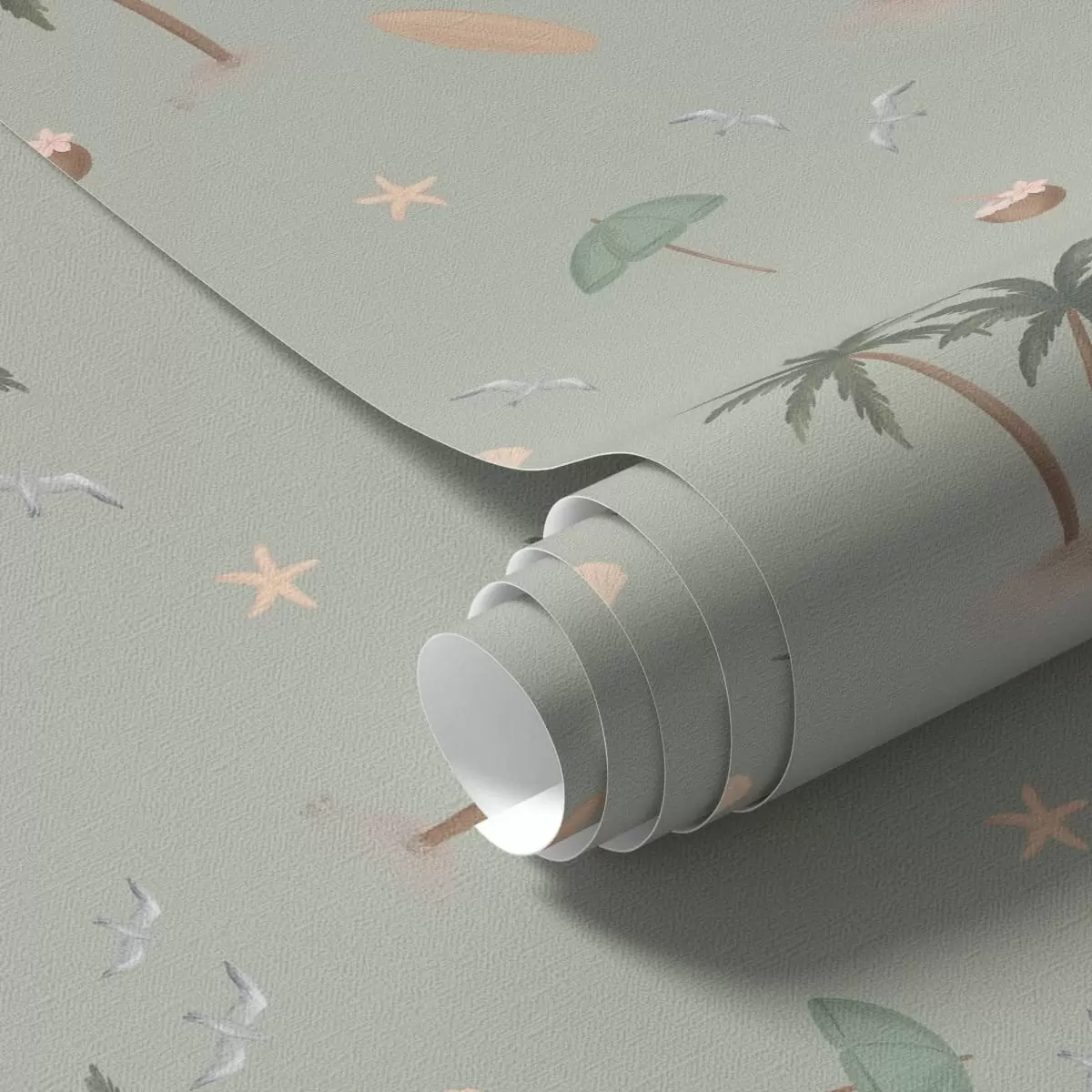 Ozadje Tropske palme, ptice in morske školjke na sivkasto zelenem ozadju a01280v1