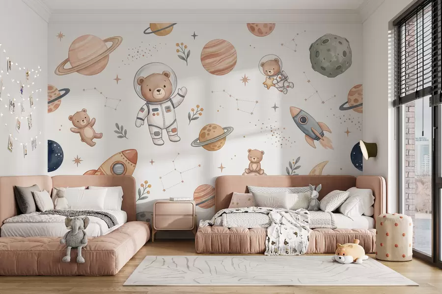 stenske poslikave Simpatični medvedki astronavti med planetami, raketami in zvezdami v nežnem pastelno-akvarelnem slogu w10096