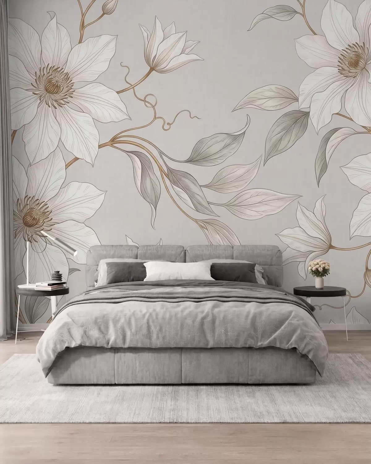 stenske poslikave Elegantni beli botanični cvetovi z nežnimi vejicami w10099