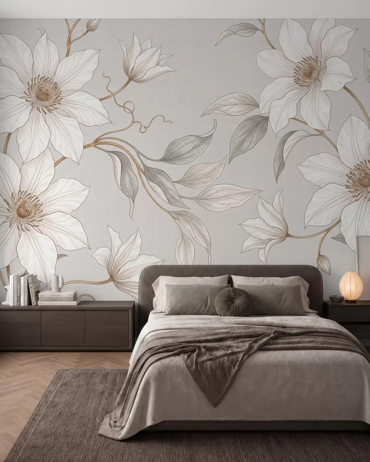 stenske poslikave Elegantni beli botanični cvetovi z nežnimi vejicami w10099