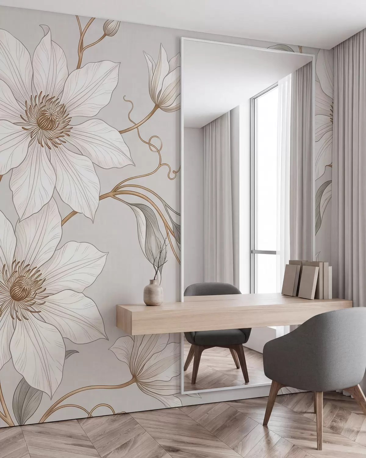 stenske poslikave Elegantni beli botanični cvetovi z nežnimi vejicami w10099