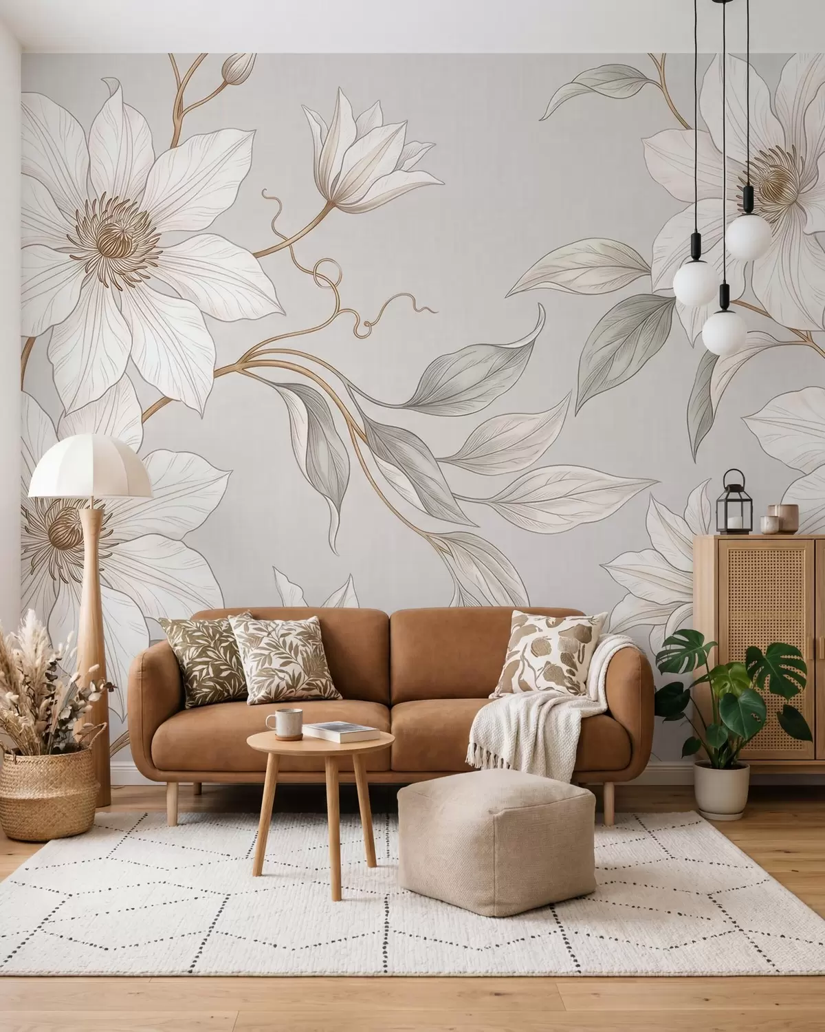 stenske poslikave Elegantni beli botanični cvetovi z nežnimi vejicami w10099