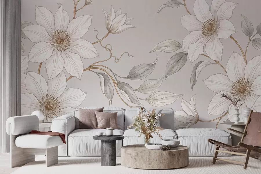 stenske poslikave Elegantni beli botanični cvetovi z nežnimi vejicami w10099