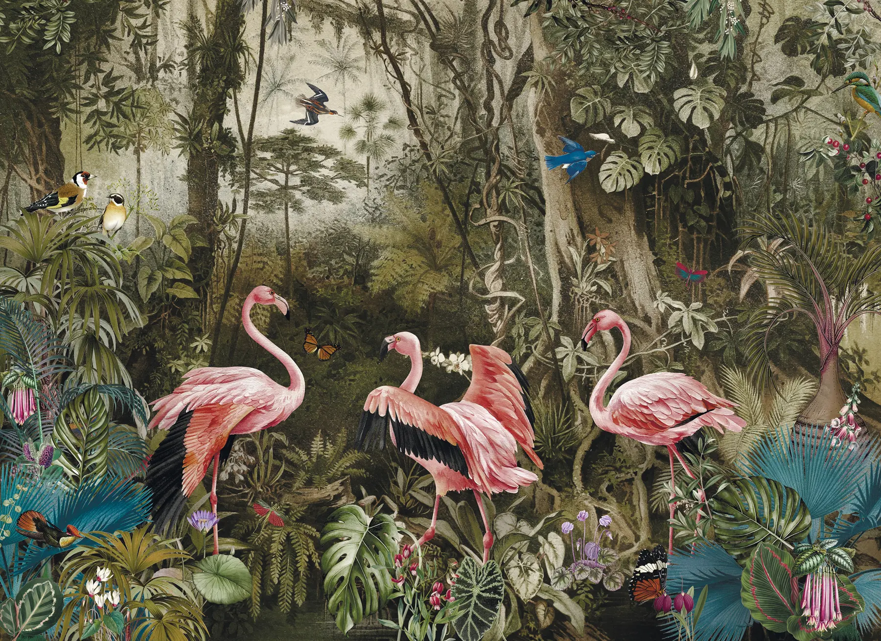 stenske poslikave Tropske ptice in flamingi v džungli u73568