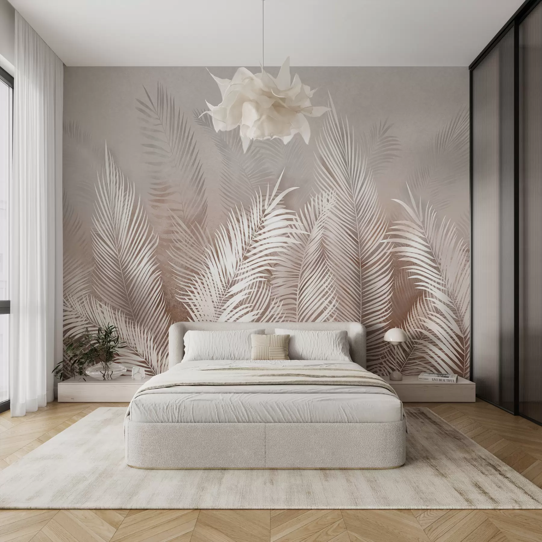 stenske poslikave Bele palme na rjavem ozadju Granzh u74601