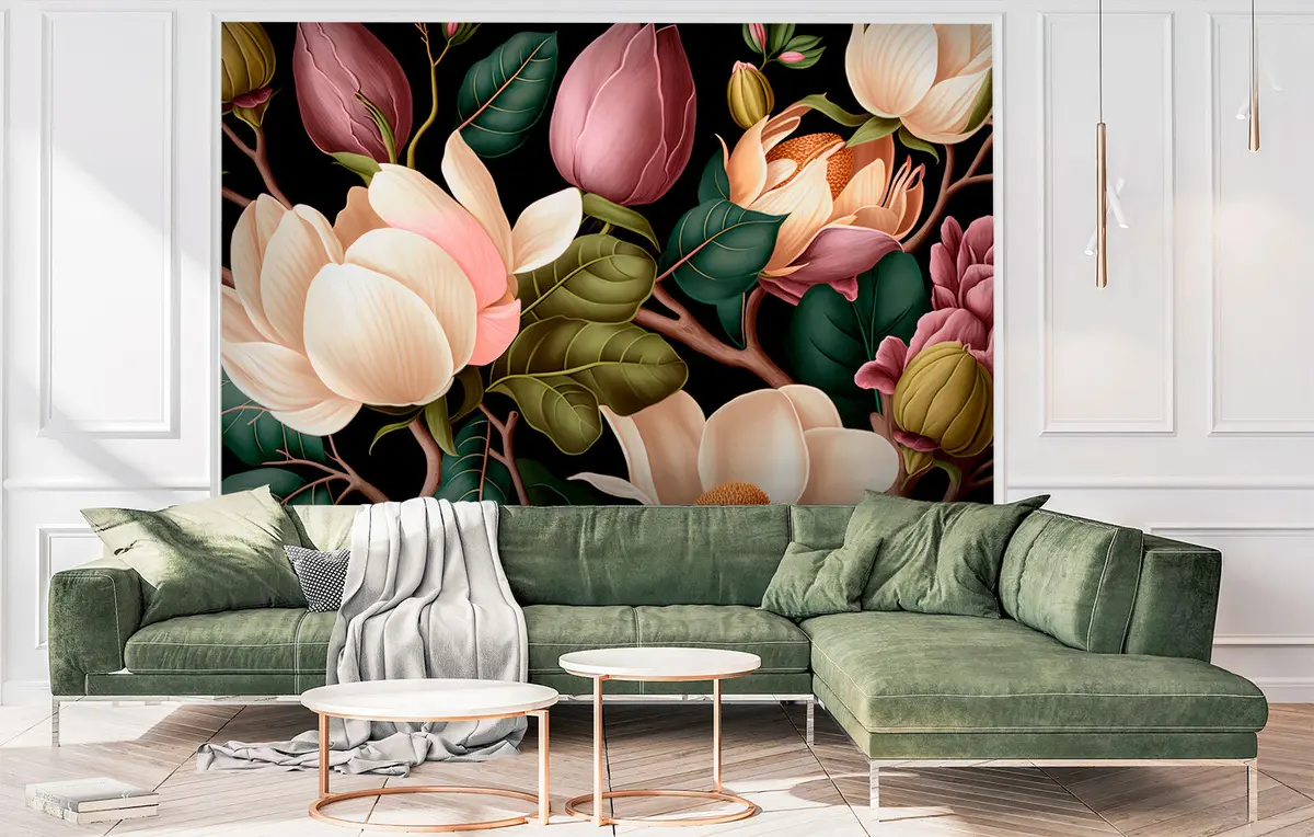 stenske poslikave Šopek cvetja na drevesni veji na črnem ozadju u74756