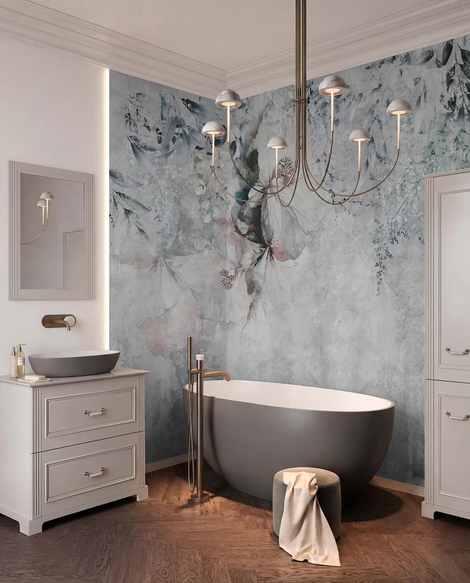 stenske poslikave Grunge slog z vejami in belimi popki u74746