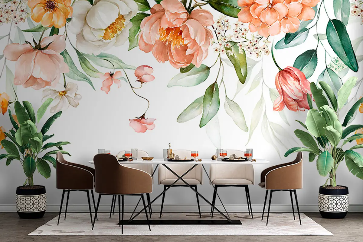 stenske poslikave Šopek meja - zeleni listi in rdeče roza cvetje na belem ozadju u94427