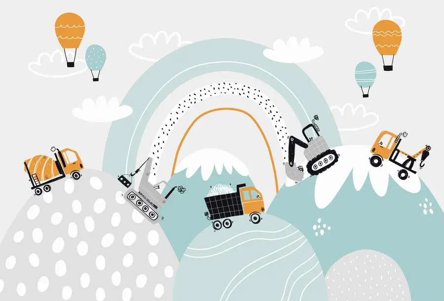 stenske poslikave Gradbena vozila, gorska pokrajina, baloni in oblaki v skandinavskem slogu u95046