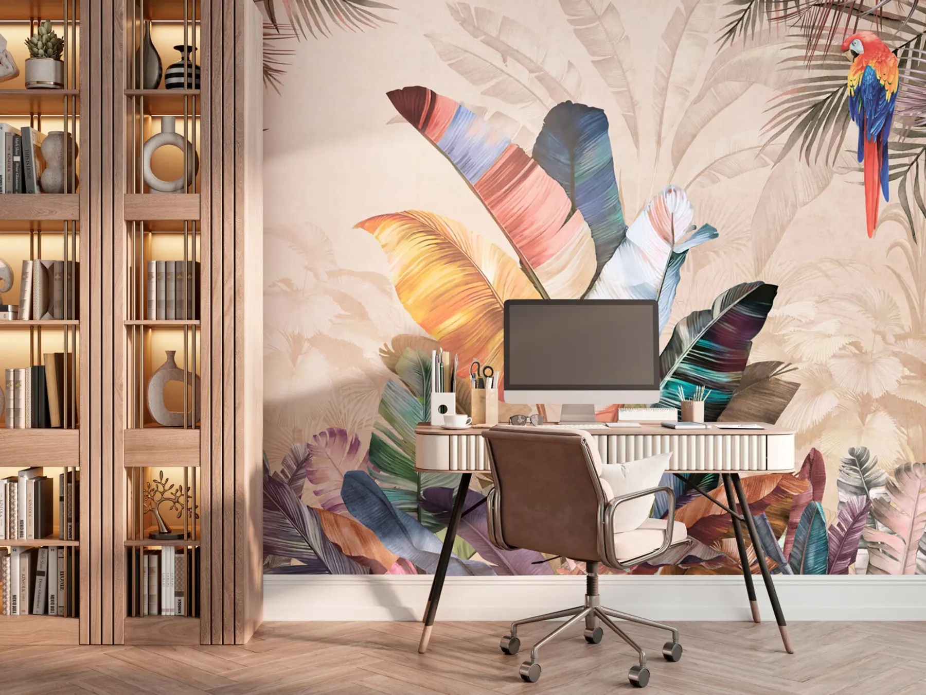 stenske poslikave Pisani palmovi listi s tropsko ptico papigo u95050