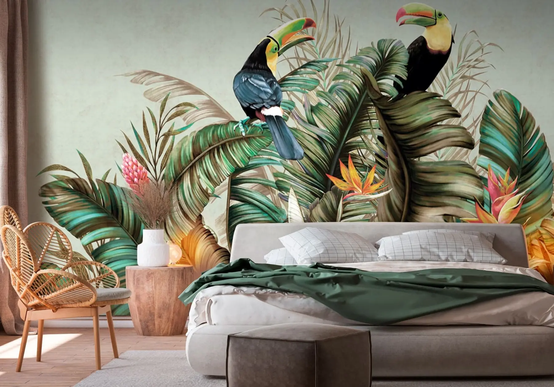 stenske poslikave Eksotične ptice papiga in tukan med bananami in palmovimi listi u95256