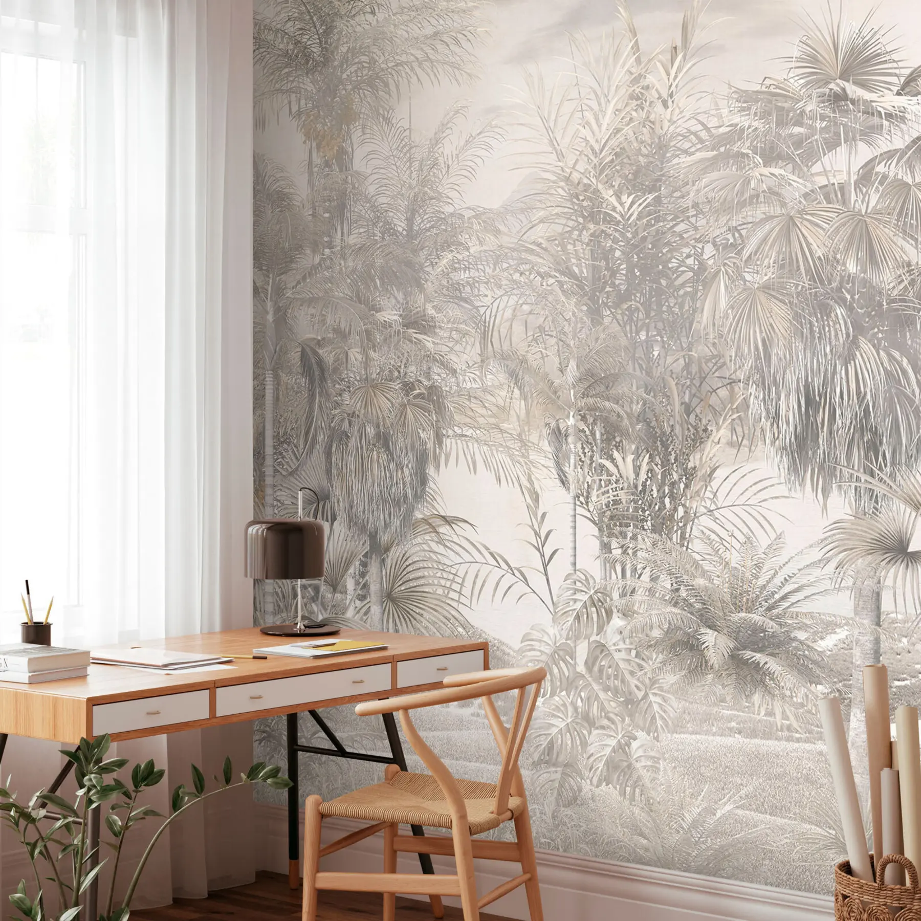 stenske poslikave Tropska drevesa in listi v črno-beli tehniki u95903