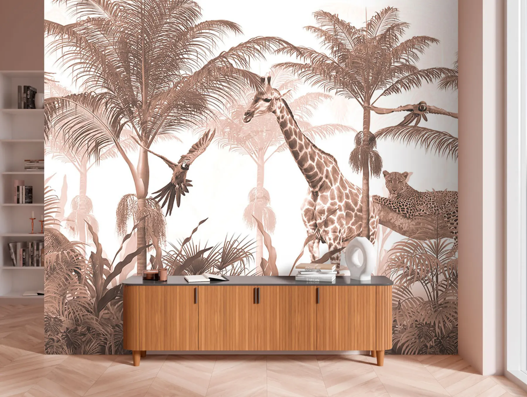 stenske poslikave Tropsko drevo ozadje design z živalmi u95906