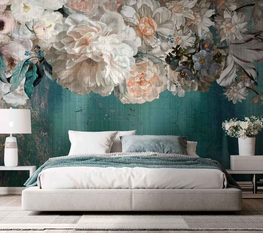 stenske poslikave Velik bujen šopek cvetja z grunge teksturo u95430