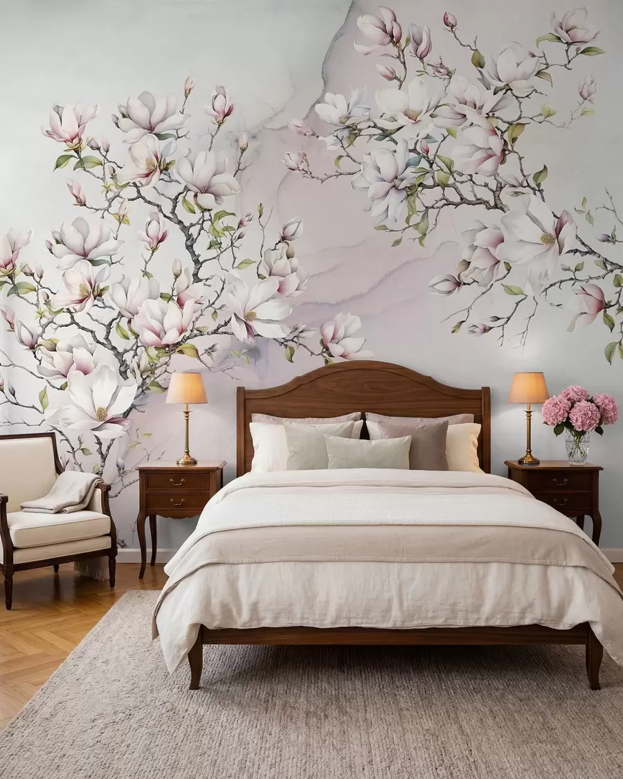 stenske poslikave Cvetoča drevesa magnolije na marmornatem ozadju u96114