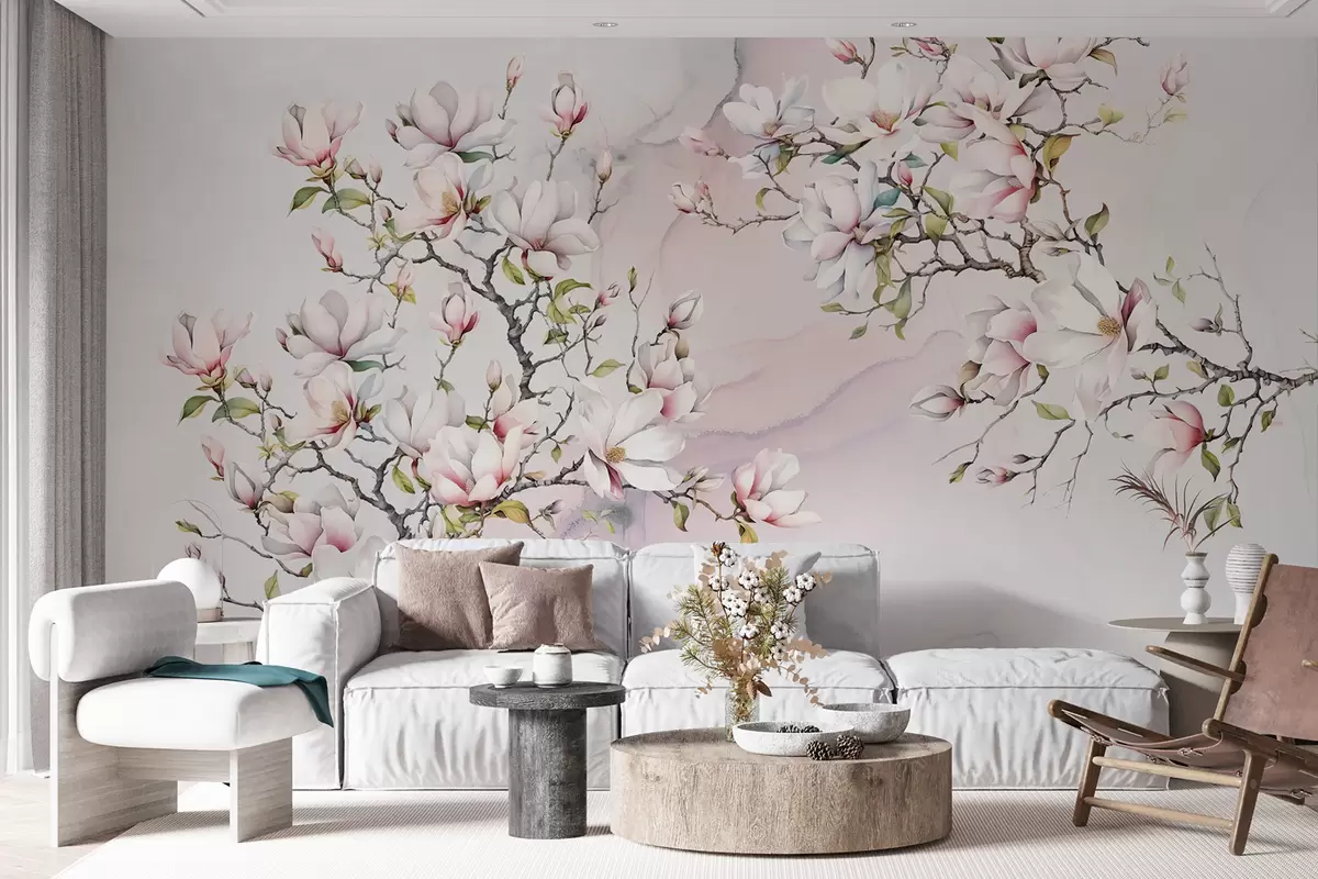 stenske poslikave Cvetoča drevesa magnolije na marmornatem ozadju u96114