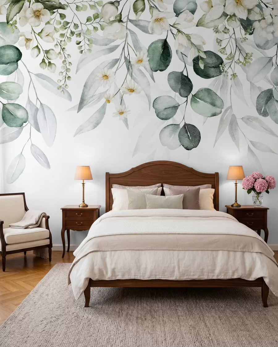 stenske poslikave Akvarelni zeleni listi s cvetjem u96336