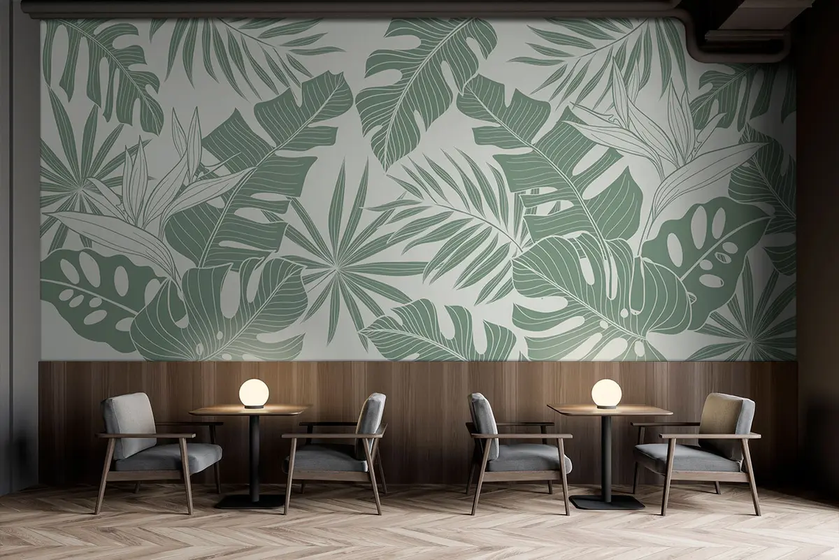 stenske poslikave Listi palme Monstera v minimalni svetlo zeleni barvi u96909