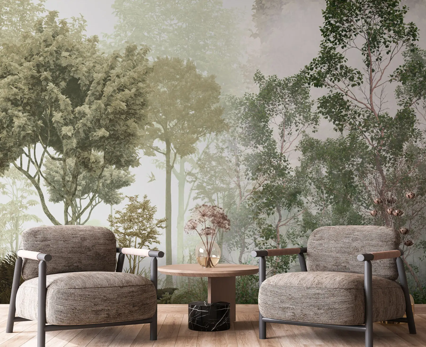 stenske poslikave Tropska drevesa in listi v meglenem gozdu u97402