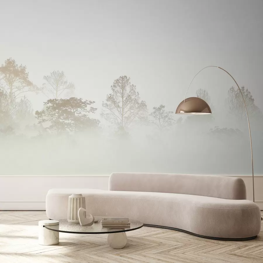 stenske poslikave Silhueta drevoreda v gosti beli jutranji megli u97405