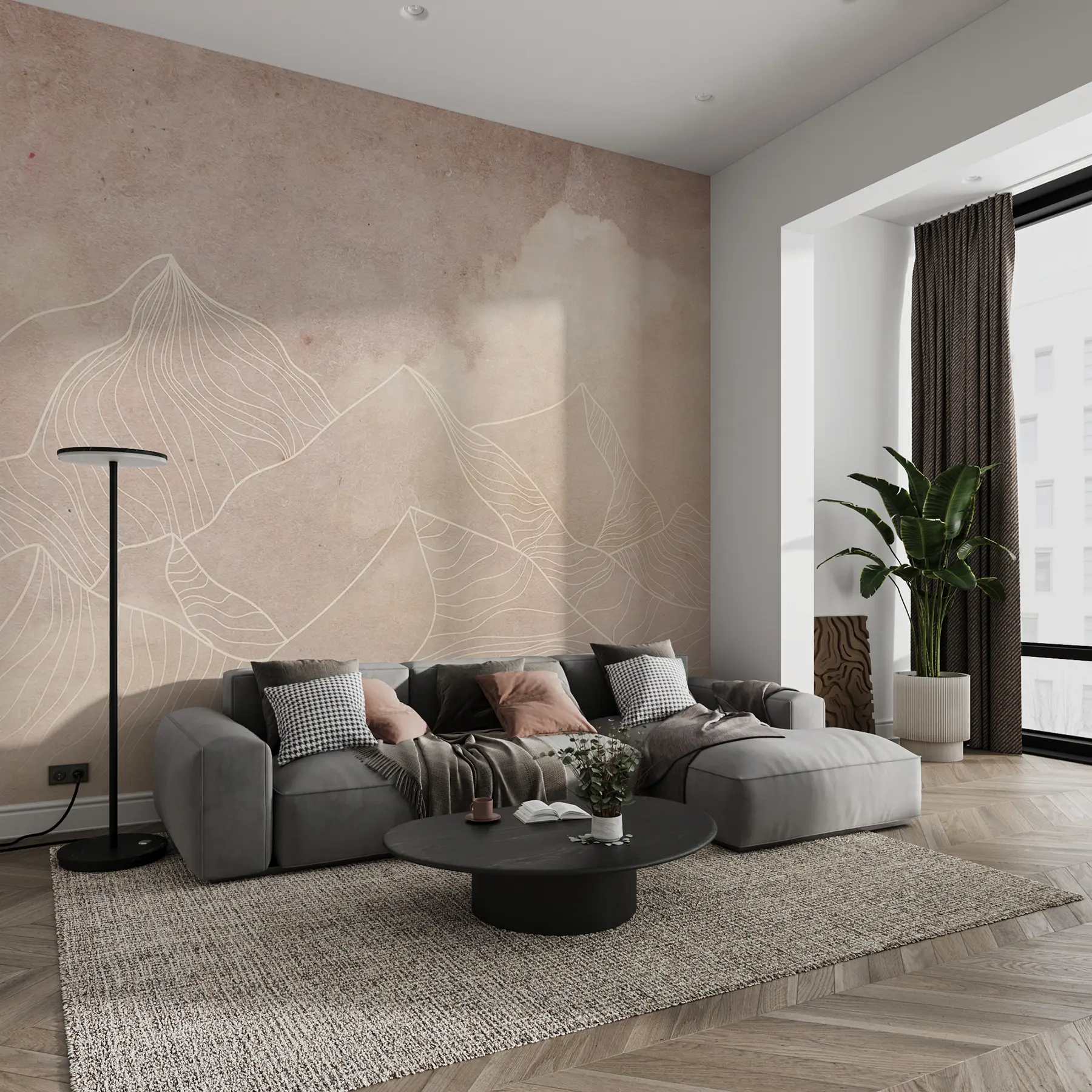 stenske poslikave Grunge tekstura z abstraktnimi gorami, bež barva, narava tema umetnost u98839